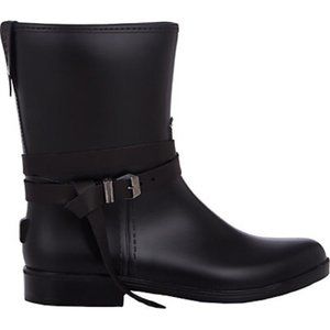 Barneys New York Rain Moto Boots Rubber Leather Strap Black Strap Women's 37